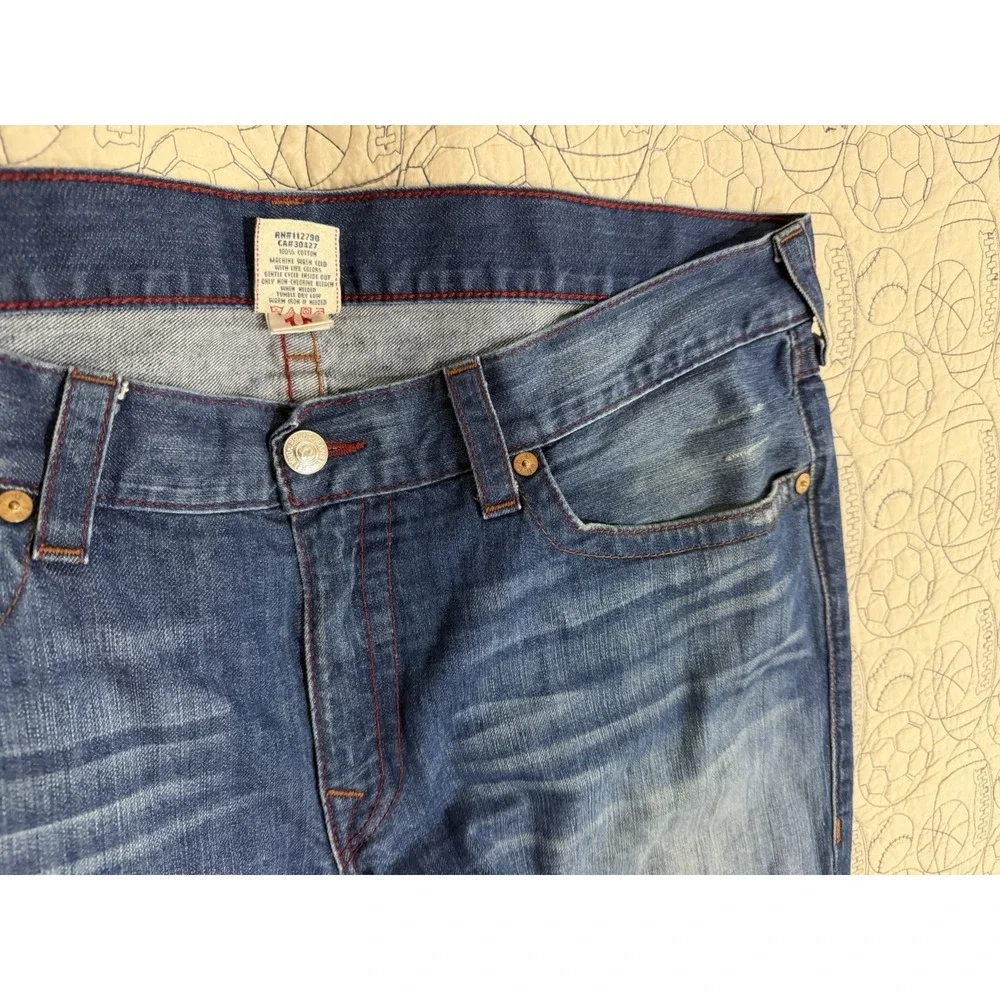 True Religion Mens Blue Jeans Tag Size 42 Distressed Pocket Flaps World Tour